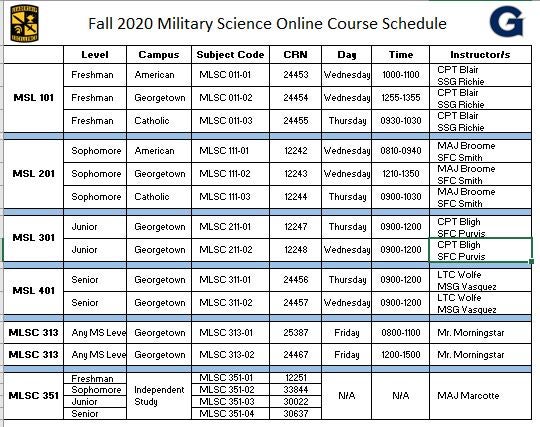 Fall 2020 ROTC Class Schedule | The Hoya Battalion | Georgetown University